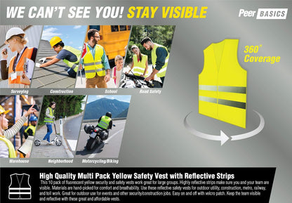 PeerBasics Safety Vests 10 Pack - Yellow Reflective High Visibility, Hi Vis Silver Strip, Men Women, Work, Cycling, Runner, Surveyor, Volunteer, Crossing Guard, Road, Construction, Neon (Mesh, 10)