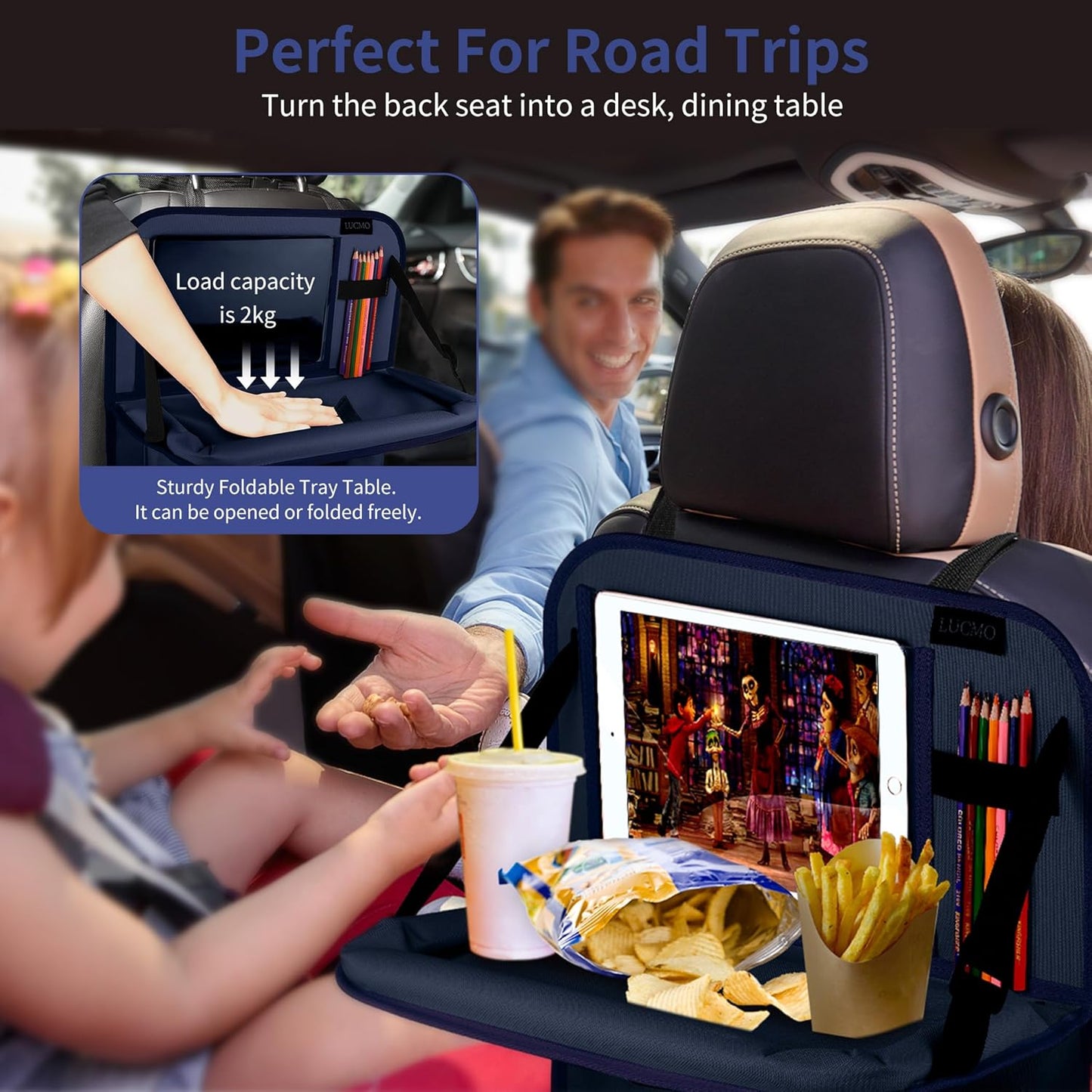 LUCMO Car Backseat Organizer with Tablet Holder,6 Storage Pockets Car Storage Organizer with Foldable Food Tray,Protectors Kick Mats Travel Accessories-Black