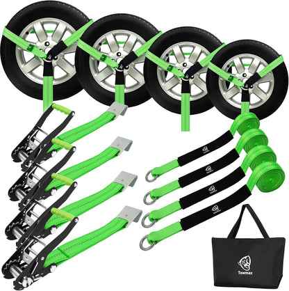 4 Pack Car Tie Down Straps for Trailers - 2" x 8' Heavy Duty Tire Straps with Snap Hooks - 10,000lbs Break Strength, Adjustable Lasso Style Wheel Straps for Hauling Cars, Truck, UTV(Green)