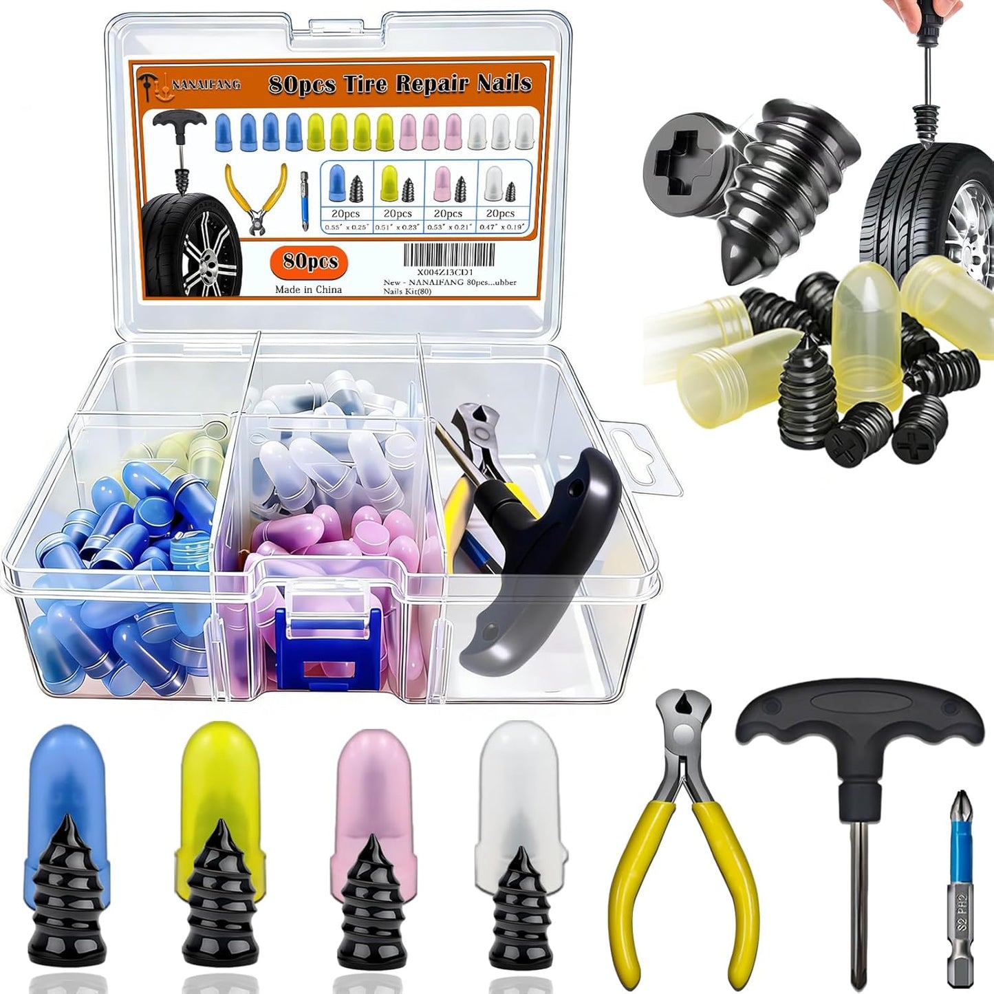 80Pcs Tire Repair Rubber Nails Kit with 4 Sizes, Vacuum Tire Repair Rubber Nail, Screw in Tire Repair Plugs, Tire Rubber Nails Tool, Quick Self-Service Tire Repair Tools for Car, Motorcycle, Truck