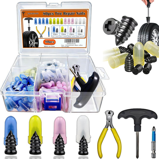80Pcs Tire Repair Rubber Nails Kit with 4 Sizes, Vacuum Tire Repair Rubber Nail, Screw in Tire Repair Plugs, Tire Rubber Nails Tool, Quick Self-Service Tire Repair Tools for Car, Motorcycle, Truck