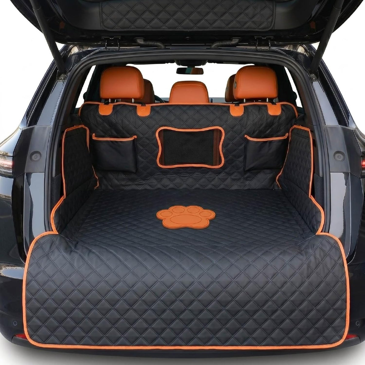 SUV Cargo Liner for Dogs, Heavy Duty Non- Slip PU Leather Dog Trunk Cover for SUV with Bumper Flap, 100% Waterproof Back seat Cover, Universal Fit for Mid-Size & Large SUVs (Dog Paw, L)