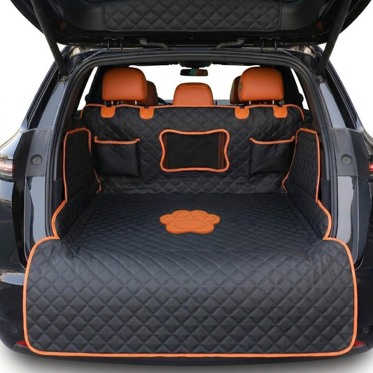 SUV Cargo Liner for Dogs, Heavy Duty Non- Slip PU Leather Dog Trunk Cover for SUV with Bumper Flap, 100% Waterproof Back seat Cover, Universal Fit for Mid-Size & Large SUVs (Dog Paw, L)