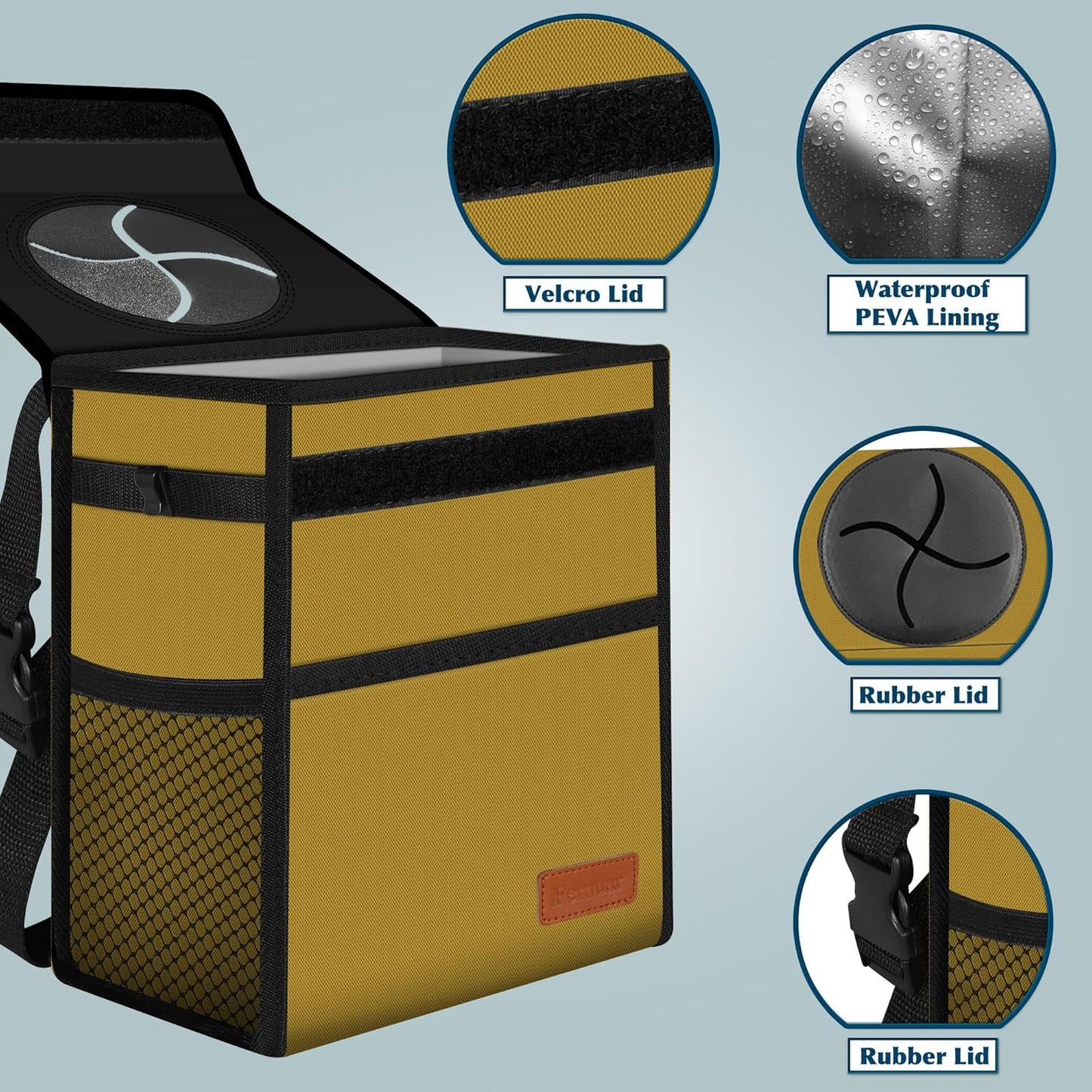 Femuar Leak Proof Car Trash Can with Lid - Waterproof Automotive Garbage Bin for SUVs, Collapsible and Portable Car Trash Bag, Black