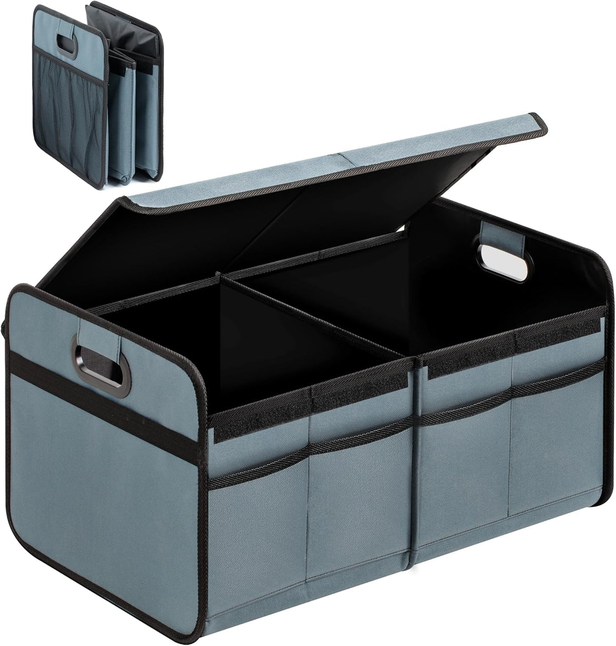 YSSOA Car Trunk Organizer, 2 Compartments Anti-slip 14" D x 22" W x 12" H Collapsible Trunk Storage, 600D Oxford Polyester Car Storage, Suitable for SUV, Minivan, Truck, Black
