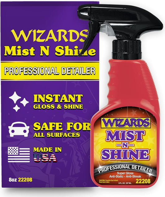 Wizards Mist-N-Shine Detail Spray - 22 Oz - Multi-Purpose High Gloss Finish Waterless Quick Detailer Spray for Glass, Chrome, Paint and Plastics - Car Exterior Cleaner for Auto Detailing Supplies