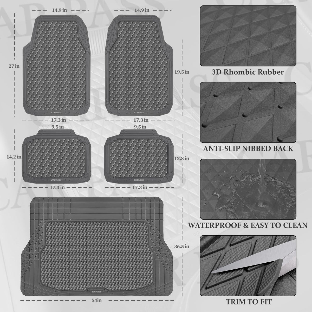 CAR PASS Black Rubber Car Mats, All-Weather Floor Mats Full Set Durable Anti-Slip 3D Rhombus Waterproof Automotive Pad Trim to Fit Liner Universal Fit for Sedan SUV Truck Van, 4 Pcs All Black Rubber