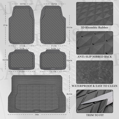 CAR PASS Black Rubber Car Mats, All-Weather Floor Mats Full Set Durable Anti-Slip 3D Rhombus Waterproof Automotive Pad Trim to Fit Liner Universal Fit for Sedan SUV Truck Van, 4 Pcs All Black Rubber