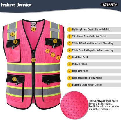 JKSafety Hi Vis Reflective Safety Vests for Men Women High Visibility Vest with Pockets Mesh Fabric Construction Safety Apparel Neon Vest for Work (220-Black L)