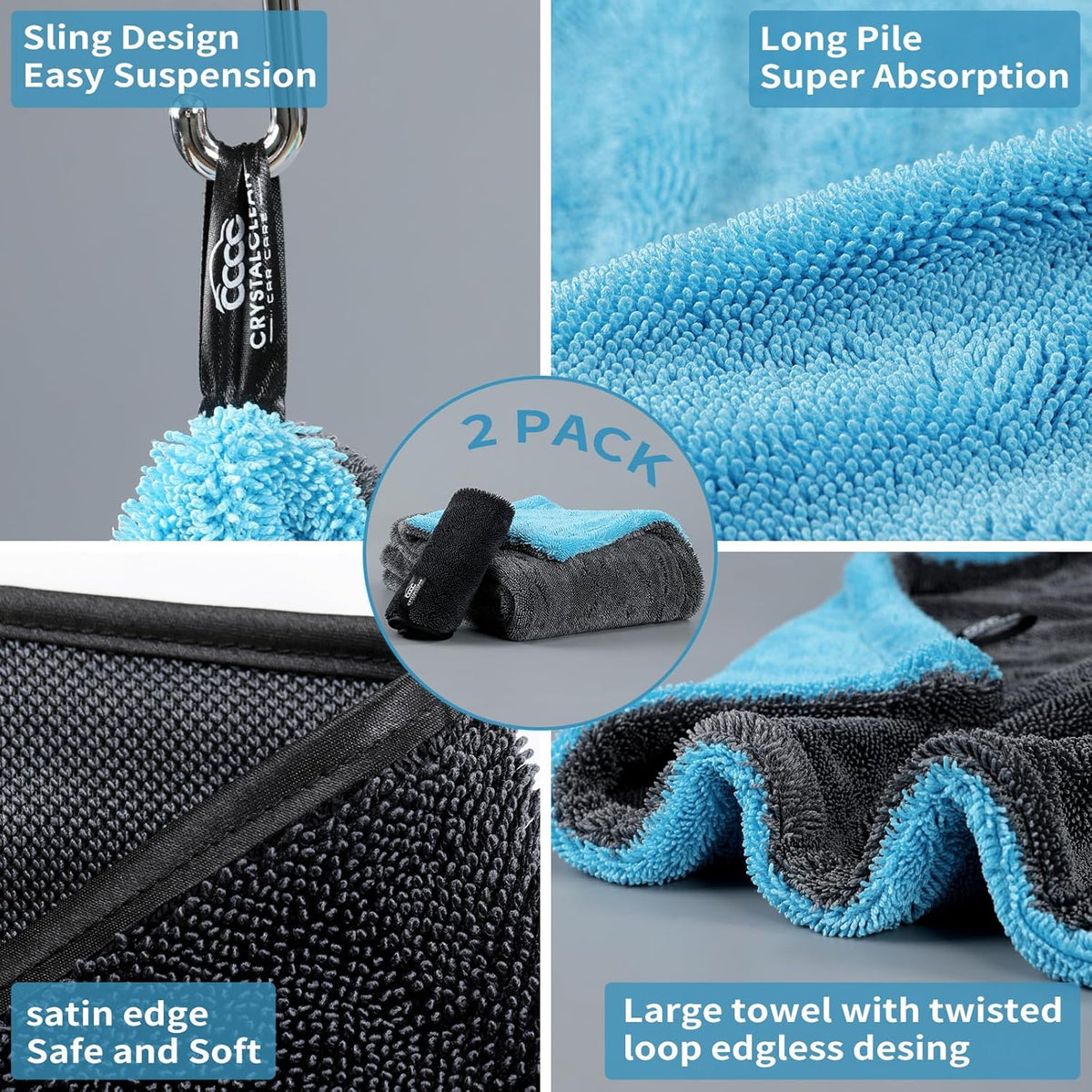 Crystal Clean 1300GSM Car Drying Towel - XL (24x36) Microfiber Towels for Cars with Double Twisted Loop, Professional Detailing Towel for Car Detailers - Quick Dry, Paint Safe & Swirl-Free