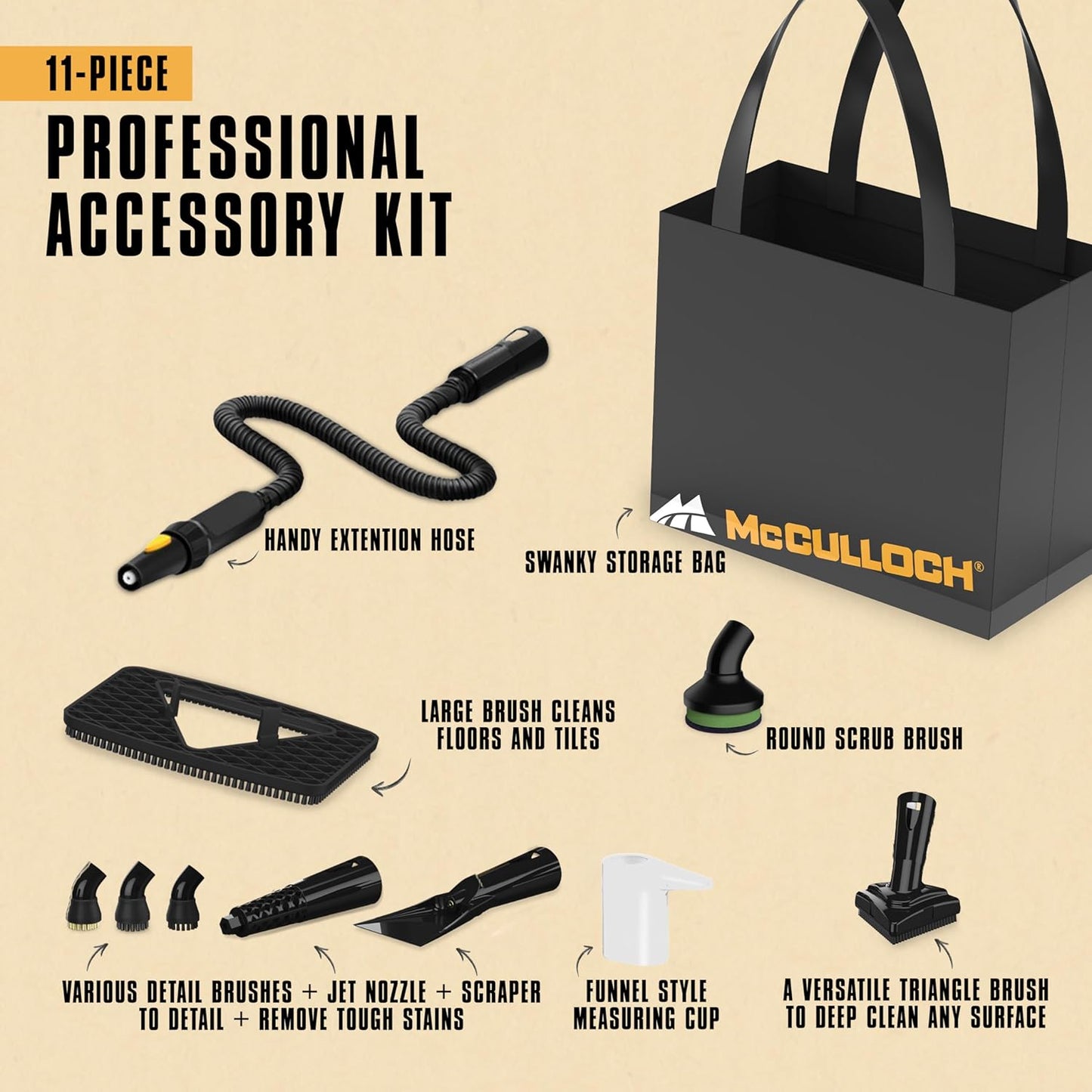 McCulloch MC1385 Deluxe Canister Steam Cleaner, 2-Hour Runtime, Chemical-Free, 23 Accessories: Mop Head, Brushes & More - Built for Home, Tile, Carpet, Furniture, & Personal Car Detailing