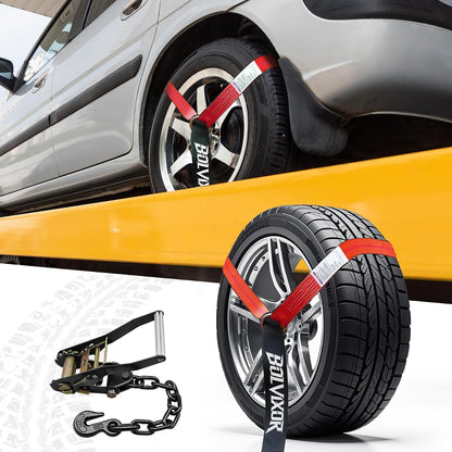 4 Pack Car Tie Down Straps for Trailers - 2" x 96" - 9900LBS Break Strength - Tire Ratchet Straps with Heavy Duty Chain Anchors for Hauling UTV, SUV, Truck, Any Cars