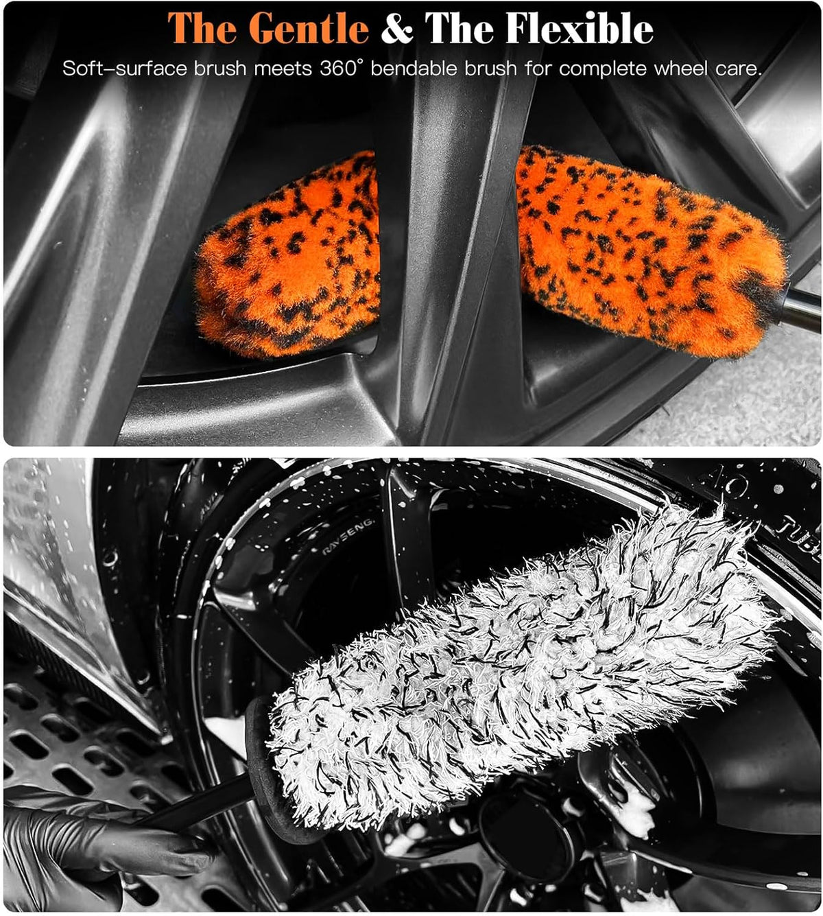 YeewayVeh 3PCS Quick Car Wheel Brush Kit, 2-Size 360° Bendale Rim Cleaner Brushes, Boars Hair Detailing Brush, Fast Scratch-Free Cleaning for Car Wheels, Motorcycle, Orange