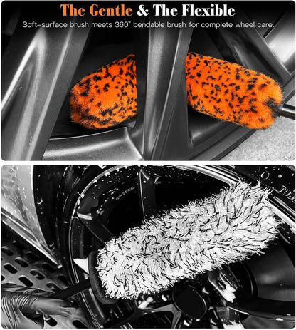 YeewayVeh 3PCS Quick Car Wheel Brush Kit, 2-Size 360° Bendale Rim Cleaner Brushes, Boars Hair Detailing Brush, Fast Scratch-Free Cleaning for Car Wheels, Motorcycle, Orange