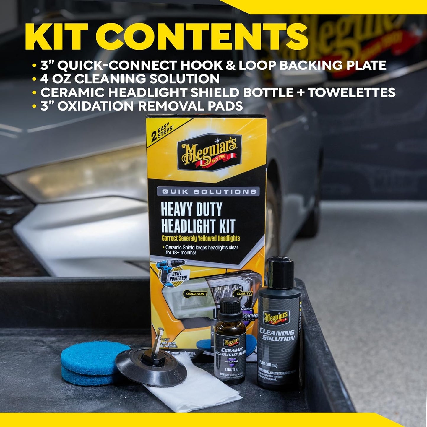 Meguiar's Heavy Duty Headlight Kit,This Headlight Restoration Kit Includes Headlight Cleaner, Ceramic Protection, Drill Backing Plate, Pads, & Towelettes, 18 Plus Months of Protection, Car Care Kit