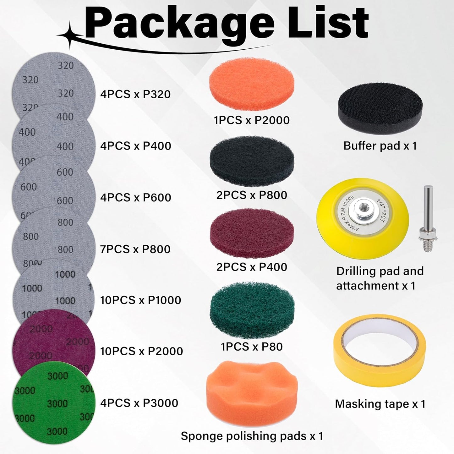 53 PCS Car Headlight Restoration Kit, 3 Inch Drill Sanding Disc with 1/4 Inch Shank Backing, Loop and Hook Sanding Paper, Scouring Pads, Polishing Sponge, Soft Interface Pad, Masking Tape