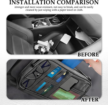 Multi-Purpose Car Visor Organizer with Sun Glass Holder & Card Holder,PU Leather Truck Visor Organizer with Multi-Pocket and Zipper,Universal Car Storage Organizers