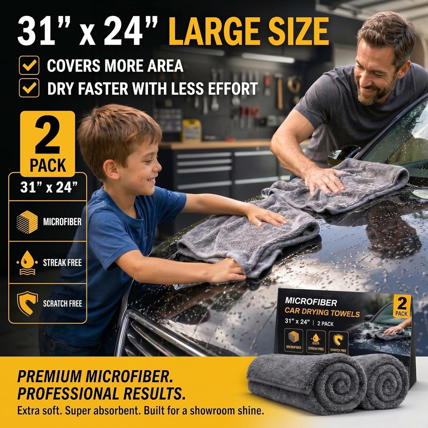 2 Pack Professional Large Microfiber Car Drying Towels (31" x 24"), Scratch Free, Lint Free, Highly Absorbent Quick Drying Towel Cloth for Cars, SUVs, RVs, Trucks Boats, Car Detailing
