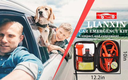 LIANXIN Car Roadside Emergency Kit, with Jumper Cables Automotive Kit,Car Safety Roadside Assistance Kit Headlamp,Tow Straps, Safety Hammers, Rainwear, Gloves.Black