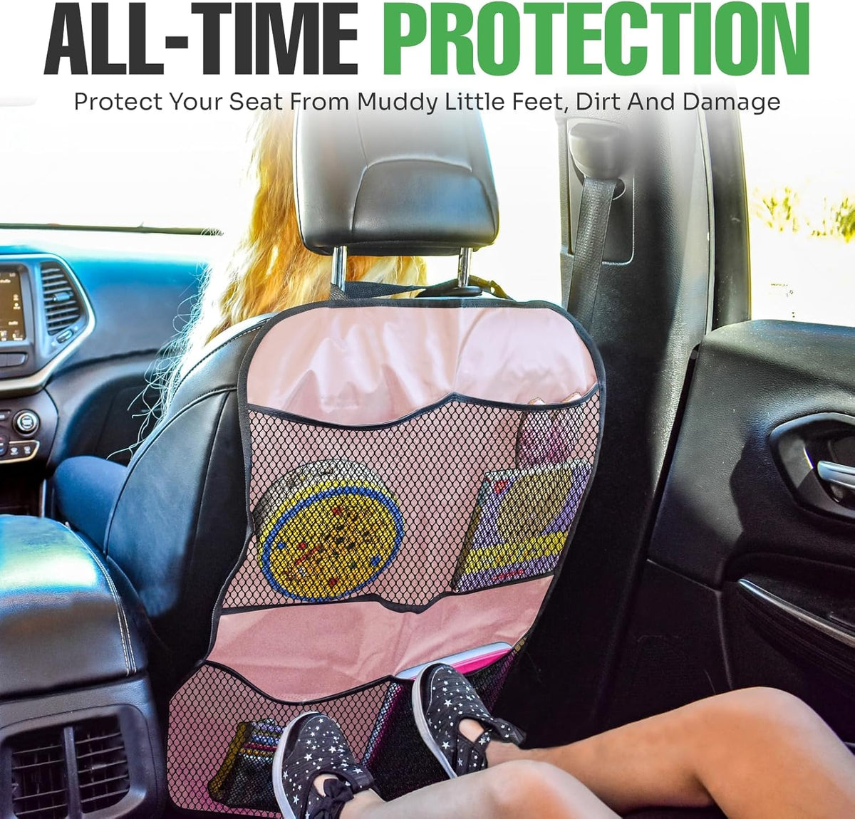 lebogner Back Seat Cover For Kids + 3 Pocket Storage Organizer, 2 Pack X-Large Waterproof Kick Mats Backseat Protector, Car Seat Back Protectors For Vehicles To Protect From Dirt, Mud & Scratches
