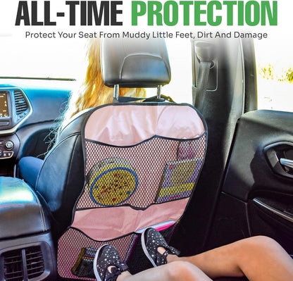 lebogner Back Seat Cover For Kids + 3 Pocket Storage Organizer, 2 Pack X-Large Waterproof Kick Mats Backseat Protector, Car Seat Back Protectors For Vehicles To Protect From Dirt, Mud & Scratches