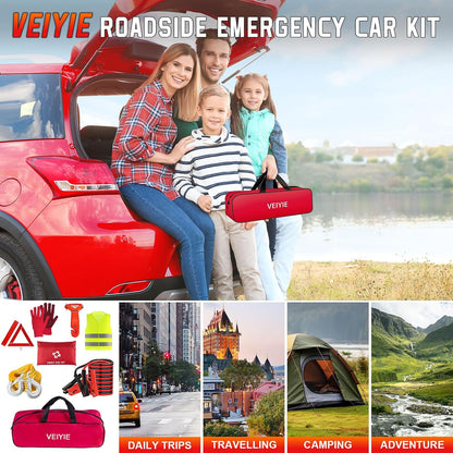 Roadside Car Emergency Kit, Winter Car Safety Kit with 10FT Jumper Cables, Tow Strap, Tool Kit, Reflective Warning Triangle, Road Trip Essentials, for New Drivers, Teens