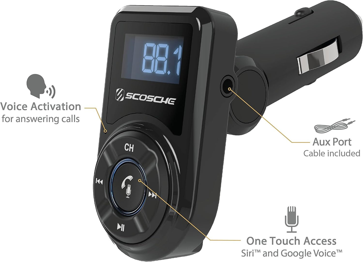Scosche BTFM9 FM Bluetooth Transmitter Car, Dual 12W USB-C and USB-A Charging Ports, Fast Type C Car Charger, Wireless Radio Bluetooth Adapter, Hands-Free Kit for Calls, Siri and Google Assistant