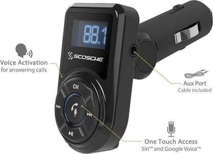 Scosche BTFM9 FM Bluetooth Transmitter Car, Dual 12W USB-C and USB-A Charging Ports, Fast Type C Car Charger, Wireless Radio Bluetooth Adapter, Hands-Free Kit for Calls, Siri and Google Assistant