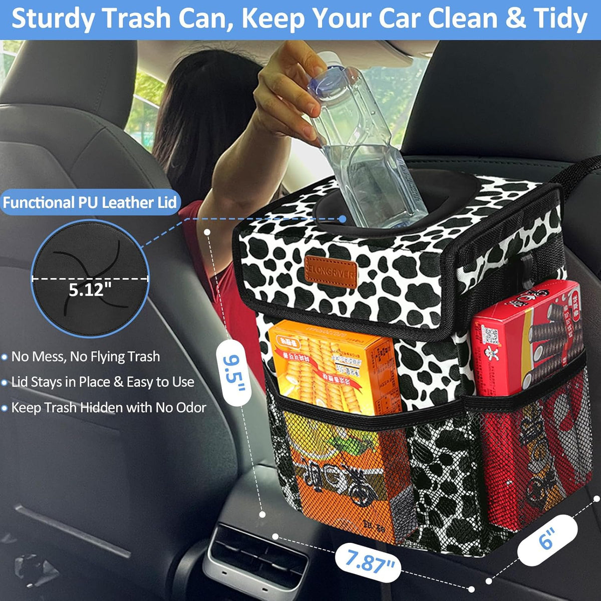 ELONGRIVER Car Trash Can Bin for Back Seat Leak Proof, Cute Car Trash Bag Hanging, Vehicle Trash Can for SUV Truck Van, Automotive Garbage Cans Front Seat Black