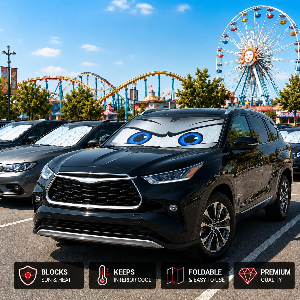 Car Windshield Sun Shade, Funny Cartoon Eyes Sun Visor for Car Windshield Universal Fits Sedan Compact Car Hatchback SUV, UV Heat Protection - 59 x 27.5