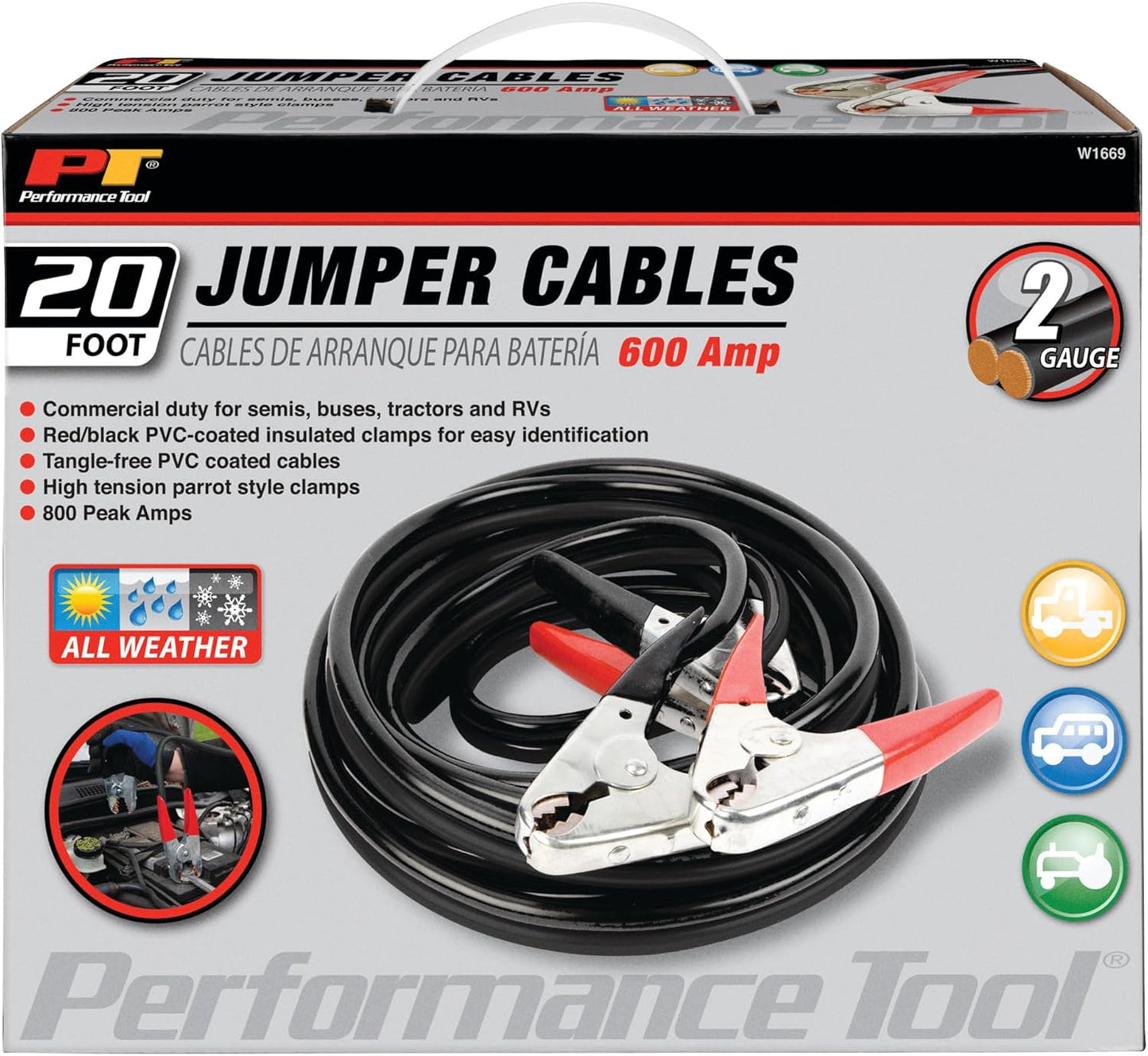 Performance Tool W1675 10ft 4GA Lighted Jumper Cables - Tangle-Free, Heavy Duty Clamps, Suitable for Trucks, SUVs, and Other Large Vehicles