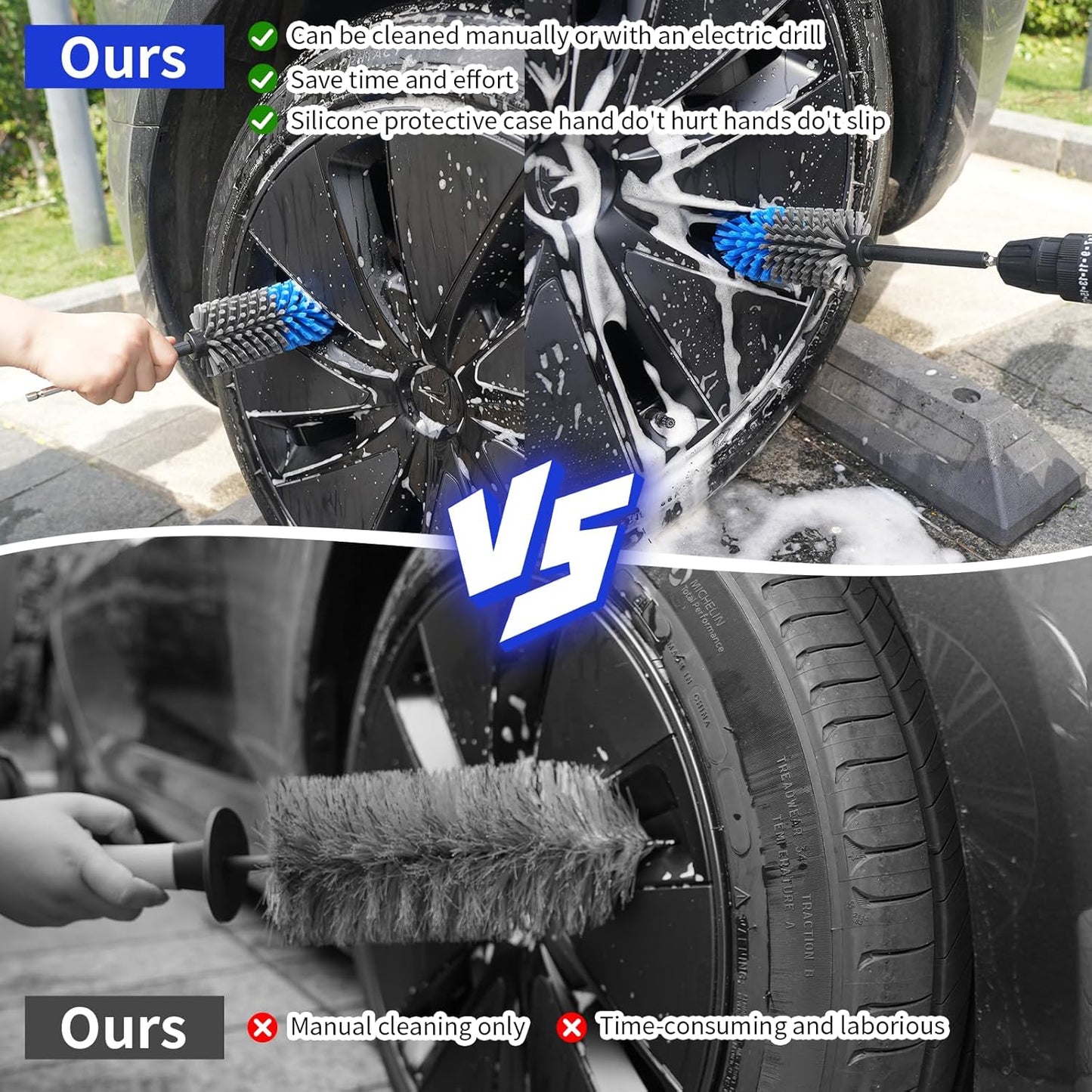 Wheel Brush, Soft Drill Wheel Cleaner Brush, Drill Brush for Car Wheel, No Scratches Highly Dense and Durable Car Wheel Brush Rim Tire Car Cleaning Brush for Wheels, Rims, Engines, Exhaust