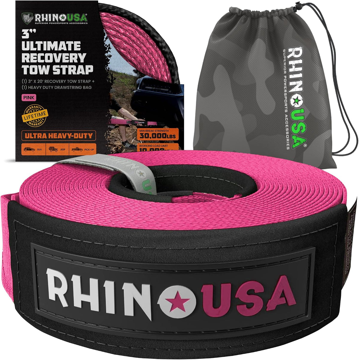 Rhino USA Recovery Tow Strap (3" x 20') - 31,518lb Break Strength - Emergency Recovery Strap Tow Rope for Truck, UTV, ATV & More - Heavy Duty Towing Strap for Offroad 4x4 Use - Compatible with Jeep