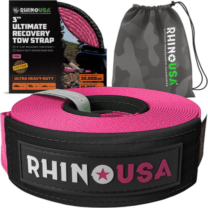 Rhino USA Recovery Tow Strap (3" x 20') - 31,518lb Break Strength - Emergency Recovery Strap Tow Rope for Truck, UTV, ATV & More - Heavy Duty Towing Strap for Offroad 4x4 Use - Compatible with Jeep