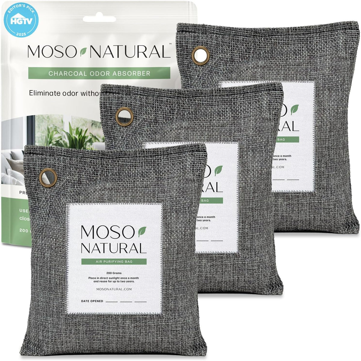 Moso Natural Air Purifying Bag 200g | HGTV Editor's Pick | Premium Bamboo Charcoal Odor Absorber for Home & Car | Closet Odor Eliminator & Car Air Freshener | Long Lasting Charcoal Bags Cover 90sqft