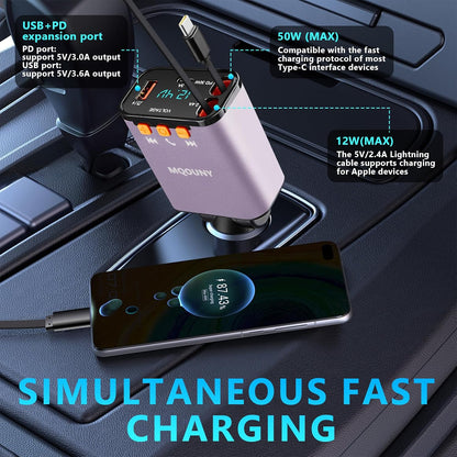 Retractable Car Charger,5 in 1 Fast Cars Phone Charger 60w,Bluetooth 5.3 FM Transmitter Adapter,Handsfree Call,MP3 Player,2 Retractable Cables and USB Chargers, for Phone,Galaxy,Pixel (Black)