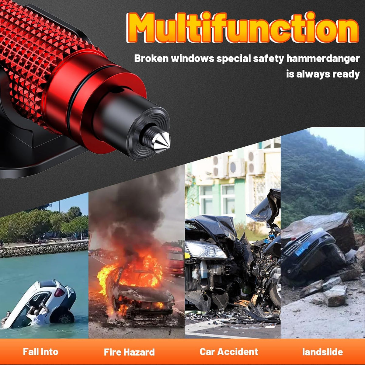smosun Safehammer - Upgraded Safe Hammer Glass Breaker Under Water, Car Hammer Seatbelt Cutter Window Breaker Emergency Escape Tool, Safehammer Glass Breaker for New Cars (3PCS Red & Black & Silver)