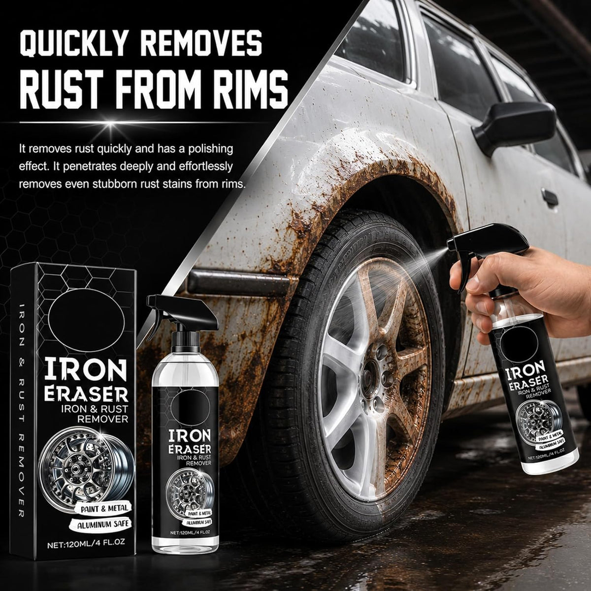 2PCS Iron Eraser Rust Remover Spray, Iron Powder Remover Spray for Car Wheels and Paint Fast Acting Rust and Brake Dust Remover, New Upgraded Automotive Surface Cleaning