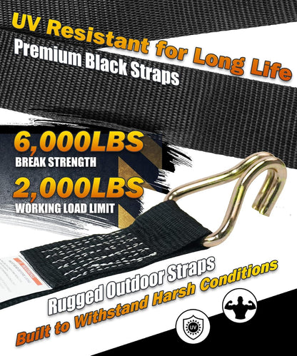 Car Tie Down Straps (4PK) with J Finger Hook Lasso Ratchet Strap 2 Inch x 96 Inch- for Any Car, SUV, Jeep or Sports Car
