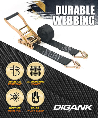 Car Tie Down Straps (4PK) with J Finger Hook Lasso Ratchet Strap 2 Inch x 96 Inch- for Any Car, SUV, Jeep or Sports Car