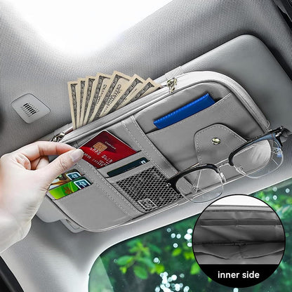 Car Sun Visor Organizer, Multi-Pocket PU Leather Sunglass Holder and Storage Pocket with Net Zipper, Card Sleeve Pocket Organizer, Auto Interior Accessories for Vehicle, Truck, SUV (Gray)