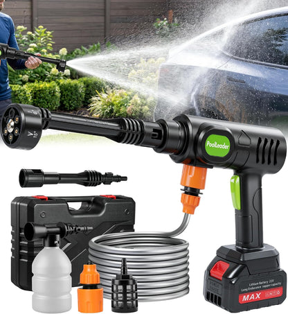 PoolLeader Cordless Car Washing Tool, Portable Vehicle Cleaner with 6-in-1 Nozzle & Foam Cannon, Battery Operated Cordless Car Wash Spray, Handheld Wash Machine for Car, Patio, Home - Lime Green