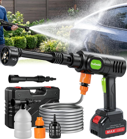 PoolLeader Cordless Car Washing Tool, Portable Vehicle Cleaner with 6-in-1 Nozzle & Foam Cannon, Battery Operated Cordless Car Wash Spray, Handheld Wash Machine for Car, Patio, Home - Lime Green