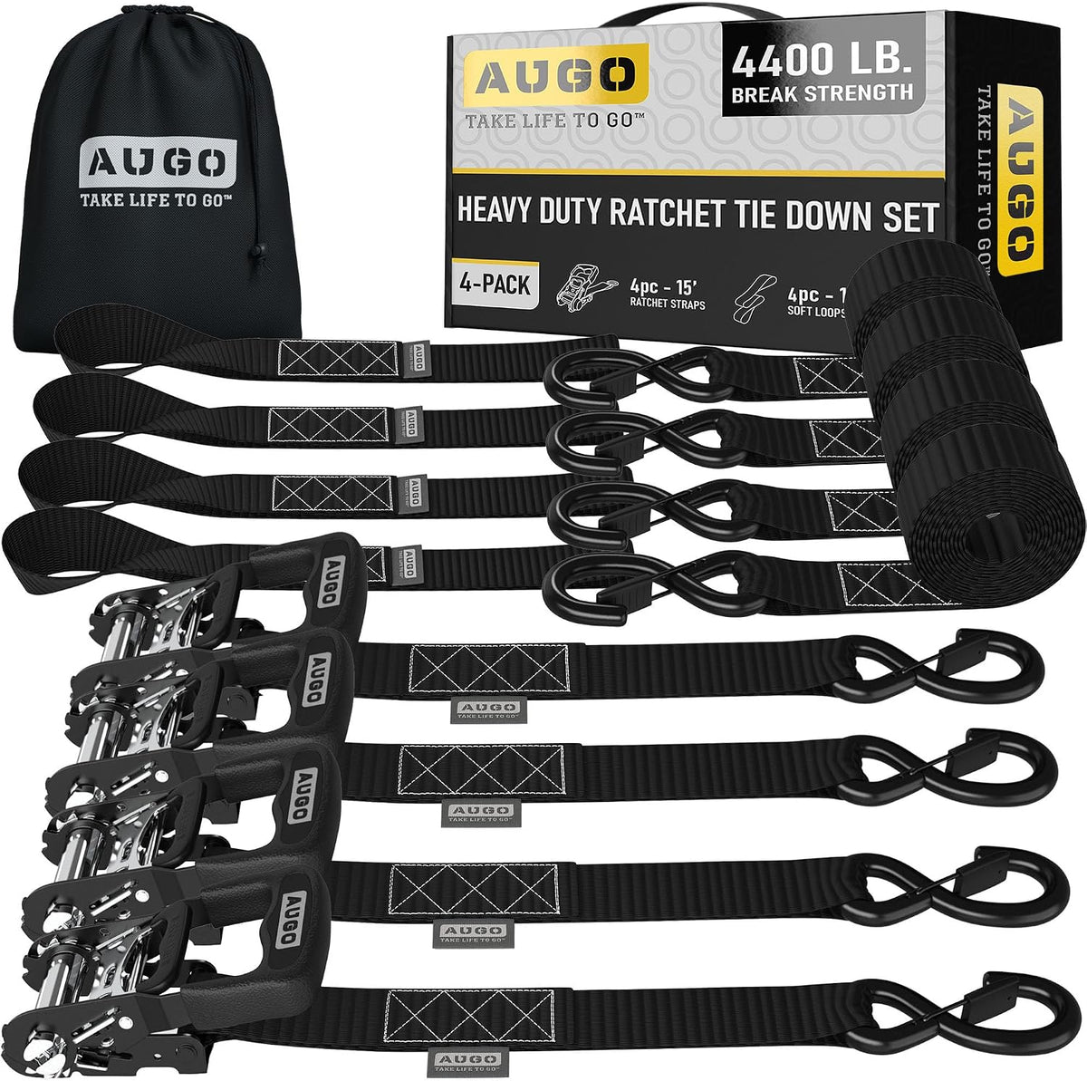 AUGO Ratchet Straps Heavy Duty 4 Pack -15 FT - 2200 LB Break Strength – with Safety Lock S Hooks - Cargo Straps for Moving, Appliances, Motorcycle – Soft Loop Tie Down Straps