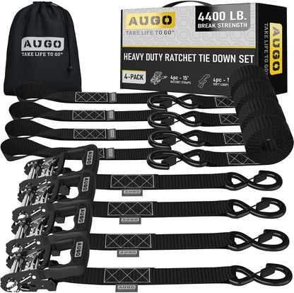 AUGO Ratchet Straps Heavy Duty 4 Pack -15 FT - 2200 LB Break Strength – with Safety Lock S Hooks - Cargo Straps for Moving, Appliances, Motorcycle – Soft Loop Tie Down Straps
