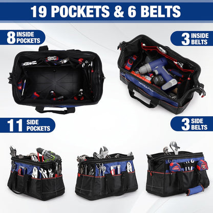 WORKPRO 16-inch Wide Mouth Tool Bag with Water Proof Molded Base | Multi-Pocket, Heavy Duty Cloth, Adjustable Shoulder Strap, Double-pull Zipper, For Workshops, Outdoor Projects