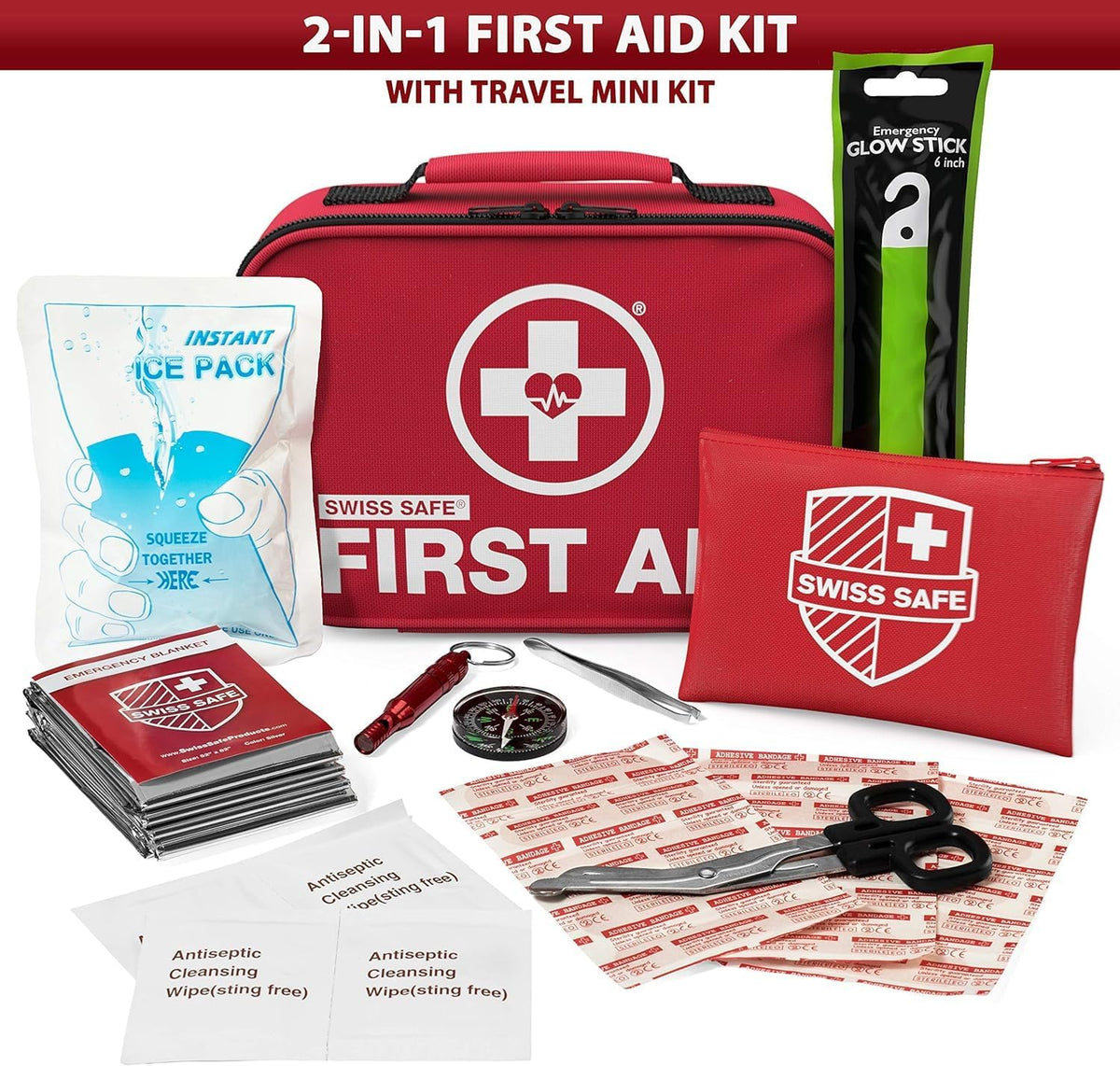 Swiss Safe 2-in-1 First Aid Kit for Car, Travel and Home, 348 Pieces, Large Hardcase with Bonus Mini Kit for Medical Emergency, Survival and Camping