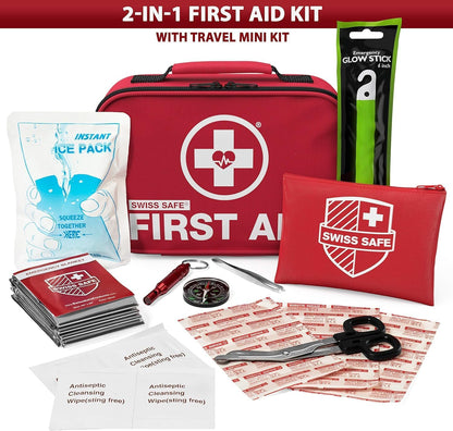 Swiss Safe 2-in-1 First Aid Kit for Car, Travel and Home, 348 Pieces, Large Hardcase with Bonus Mini Kit for Medical Emergency, Survival and Camping