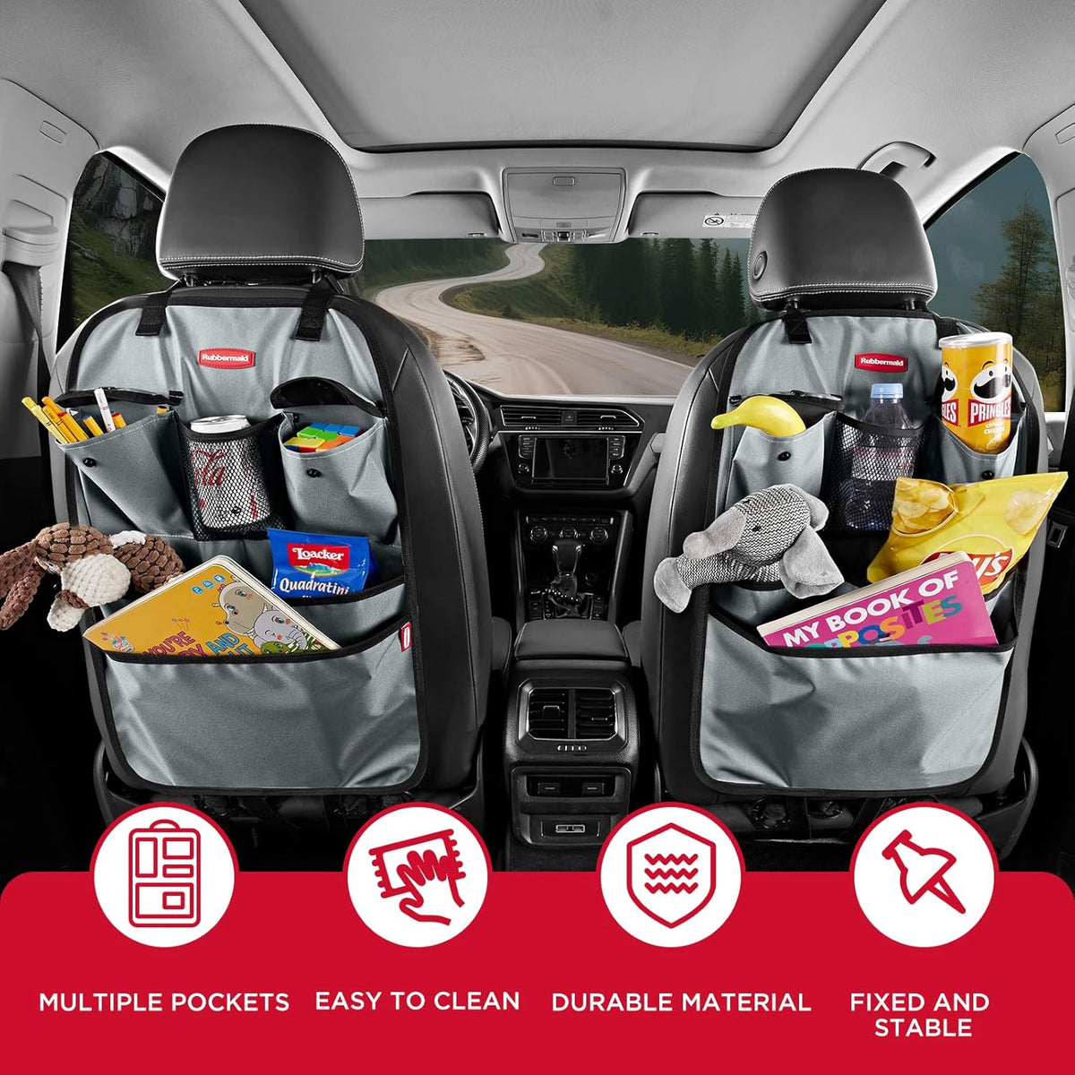Rubbermaid Backseat Car Organizer, Kick Mats and Seat Back Protector, Car Organizer for Kids with 6 Storage Pockets, Travel Essentials for SUV, Truck, Car - 2 packs Gray