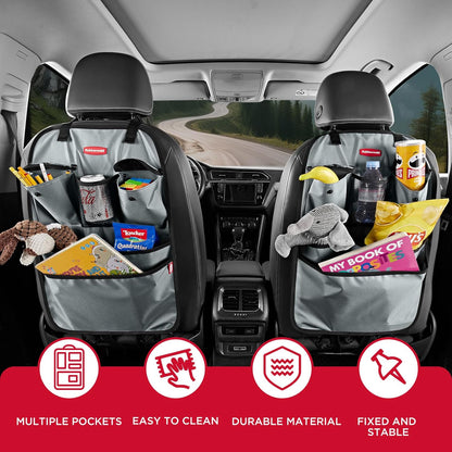 Rubbermaid Backseat Car Organizer, Kick Mats and Seat Back Protector, Car Organizer for Kids with 6 Storage Pockets, Travel Essentials for SUV, Truck, Car - 2 packs Gray